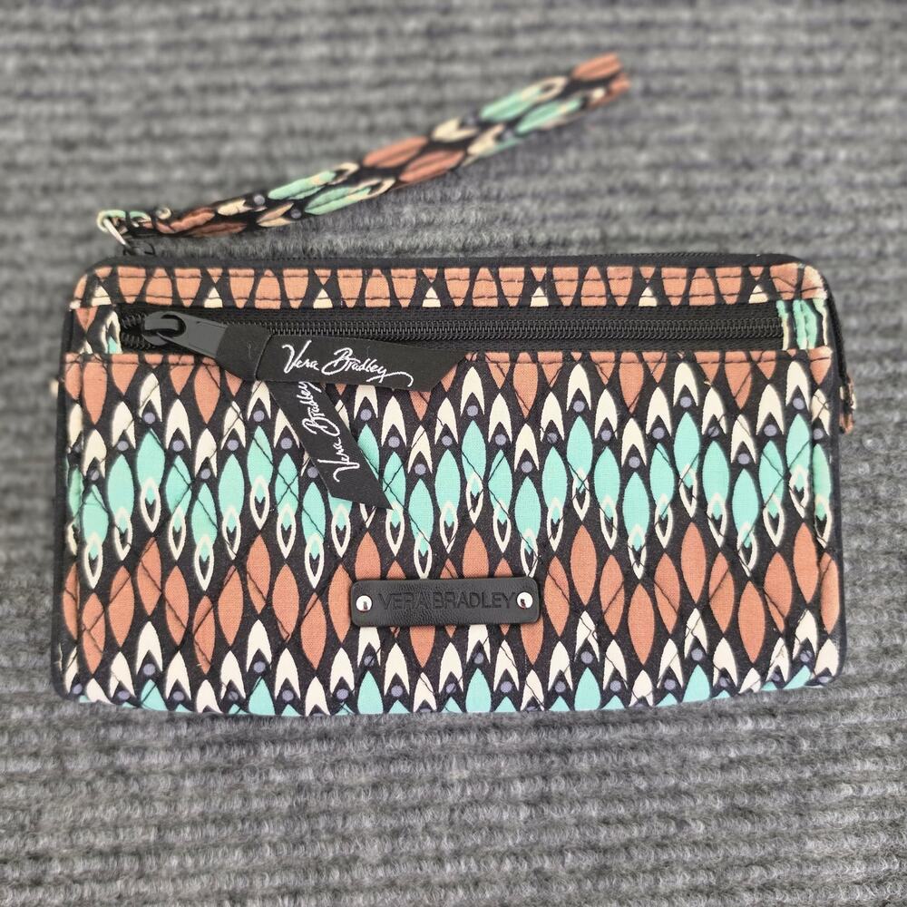 Vera Bradley Sierra Stream Wristlet Wallet Teal Brown Geometric